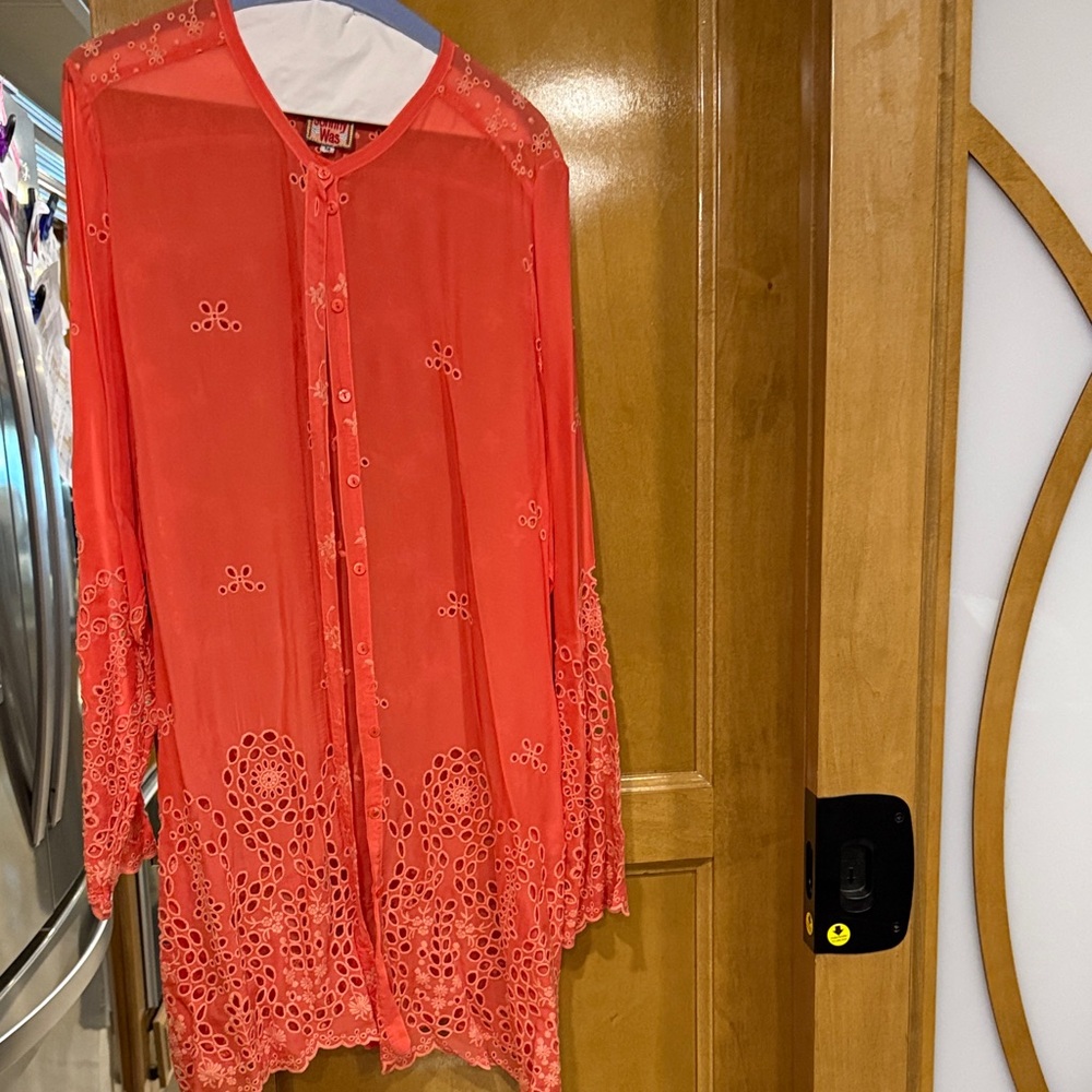 Johnny Was Vibrant Coral Embroidered Blouse